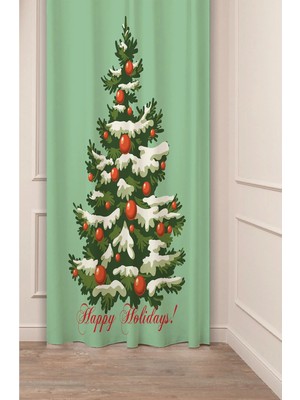 Greendecor Yılbaşı Çam Ağacı Noel Ağacı Kar Yeni Yıl Christmas Desenli Özel Tasarımlı Dijital Baskılı Fon Perde