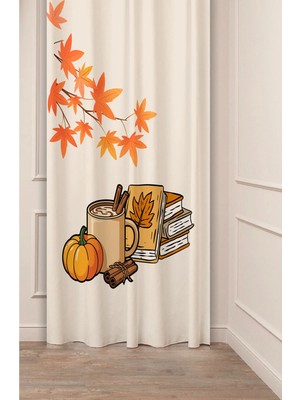 Greendecor Kitap Sonbahar Altın Yaprak Coffee Kahve Tarçın Desenli Özel Tasarım Dijital Baskılı Tarz Fon Perde