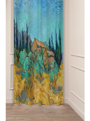 Greendecor Van Gogh Ahşap Ev Zeytin Ağaçları Bahçe Ünlü Eser Tablo Desenli Dijital Baskılı (Tek Kanat)Fon Perde
