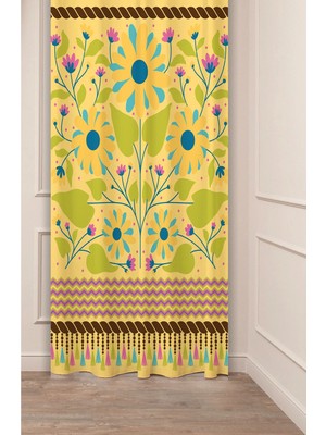 Greendecor Bohem Çiçek Yaprak Antika Desenli Özel Tasarım Dijital Baskılı (Tek Kanat) Modern Şık Tarz Fon Perde