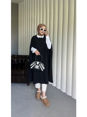 Nsade Düğme Detaylı Kışlık Tasarım Astarsız Şık Panço