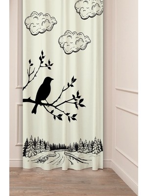 Greendecor Kuş Orman Ağaç Bohem Bej Krem Desenli Özel Tasarım Dijital Baskılı (Tek Kanat) Modern Şık Fon Perde