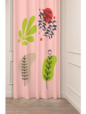Greendecor Bohem Çiçek Yaprak Pembe Desenli Özel Tasarım Dijital Baskılı (Tek Kanat) Modern Şık Fon Perde