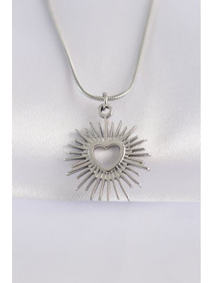 316L Çelik Zincir Gümüş Renk Kalp Güneşi Tasarımlı Kolye