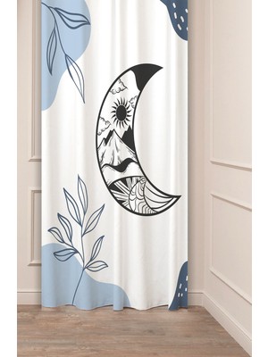 Greendecor Doğa Güneş Dağ Bulut Ay Yaprak Bohem Desenli Özel Tasarım Dijital Baskılı (Tek Kanat) Mavi Fon Perde
