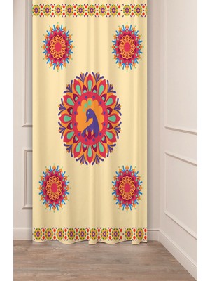 Greendecor Çiçekler Yaprak Çizgili Bohem Desenli Özel Tasarım Dijital Baskılı (Tek Kanat) Modern Şık Fon Perde