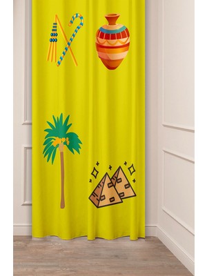Greendecor Antik Vazo Mısır Piramit Palmiye Özel Tasarım Desenli Dijital Baskılı (Tek Kanat) Modern Fon Perde