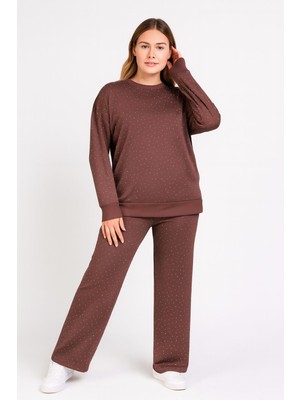 Şans Kadın Büyük Beden Kahverengi, Bisiklet Yaka, Taş Işli, Cepli Eşofman Takım 65N39248