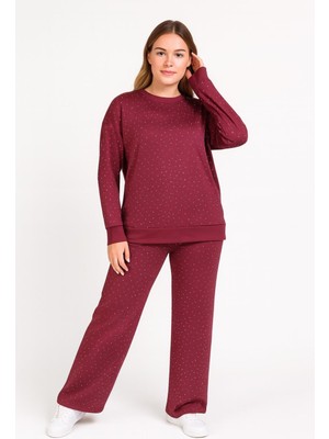 Şans Kadın Büyük Beden Bordo, Bisiklet Yaka, Taş Işli, Cepli Eşofman Takım 65N39248