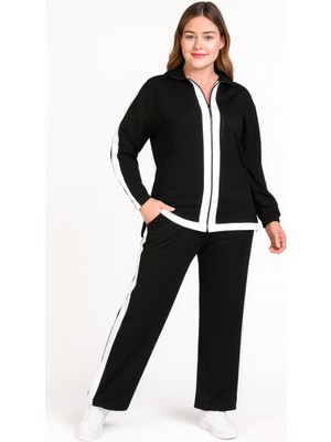 Şans Kadın Büyük Beden Siyah-Beyaz Renk Detaylı, Taş Işli Eşofman Takım 65N39255