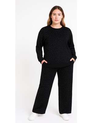 Şans Kadın Büyük Beden Siyah, Bisiklet Yaka, Taş Işli, Cepli Eşofman Takım 65N39248