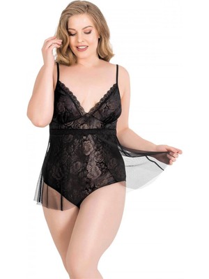 Pilelistore Büyük Beden Siyah Bodysuit Jakarlı Gecelik