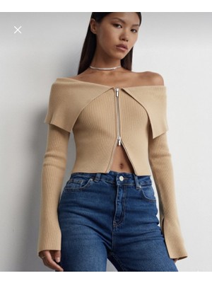 Dilvin Bardot Yakas Fermuarlı Triko Hırka