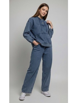 Pantulux Kız Çocuk Kapüşonlu Kot Takım Denim Ikili SET-AÜT-0041-9037