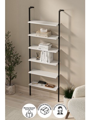 Bofigo 6 Raflı Duvara Monte Kitaplık Dekoratif Kitaplık Rüzgar Beyaz