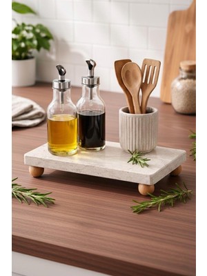 Doğal Mermer Yağdanlık Altlığı - Ayaklı Mutfak Tezgah Üstü Sunum Standı ve Düzenleyici - Bej