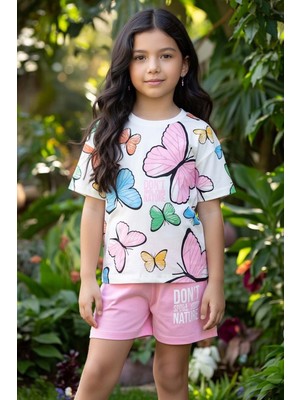 Riccotarz Kız Çocuk Üzeri Renkli Digital Kelebek Baskılı T-Shirt Pembe Şortlu Takım