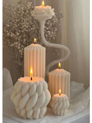 Lumieri Home Lumieri Candle El Yapımı Kokusuz Şakayık Gül-Çokgen Dekoratif Mum - Örgü Desenli Dekoratif Mum- Kırık Beyaz 4'lü