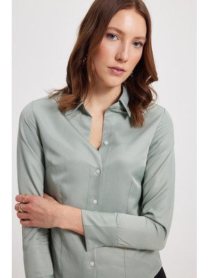 Tudors Kadın Slim Fit Dar Kesim Klasik Yaka Uzun Kollu Mint Gömlek
