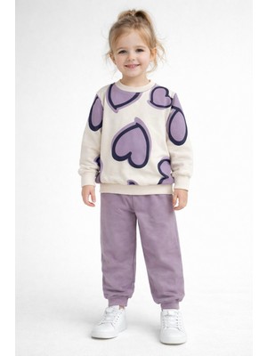 MB Kids Kalp Baskılı Kız Çocuk Eşofman Takım Mürdüm Renkli Rahat Kalıp 1 Yaş İçin