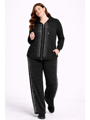 Şans Kadın Büyük Beden Siyah, Taş Detaylı Kapüşonlu, Cepli Eşofman Takım 65N39317