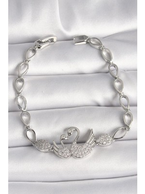 Inure Jewelry Pirinç Gümüş Renk Zirkon Taşlı Kuğu Figür Damla Zincir Model Kadın Bileklik