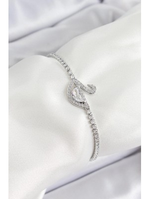 Inure Jewelry Pirinç Gümüş Renk Zirkon Taşlı Kuğu Model Kadın Bileklik