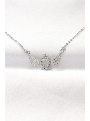 Inure Jewelry 316L Çelik Silver Renk Zirkon Taşlı Kalpli Kanat Kolye