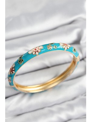Inure Jewelry Mineli Pirinç Mavi Çiçek Motifli Gold Kadın Kelepçe