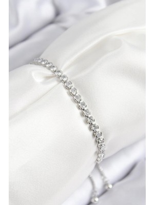 Inure Jewelry Pirinç Zirkon Taşlı Sıralı Model Gümüş Renk Asansörlü Kadın Bileklik