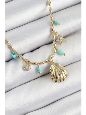 Inure Jewelry Pirinç Zirkon Taşlı Deniz Kabuğu Model Gold Renk Kadın Kolye