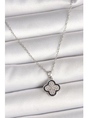 Inure Jewelry 316L Çelik Gümüş Renk Zincir Zirkon Taşlı Yonca Model Kadın Kolye