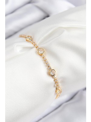 Inure Jewelry Pirinç Zirkon Taşlı Daire Model Gold Renk Asansörlü Kadın Bileklik