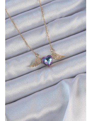 Inure Jewelry 316L Çelik Zincir Altın Renk Mavi Mor Zirkon Taşlı Kanatlı Kalp Kolye