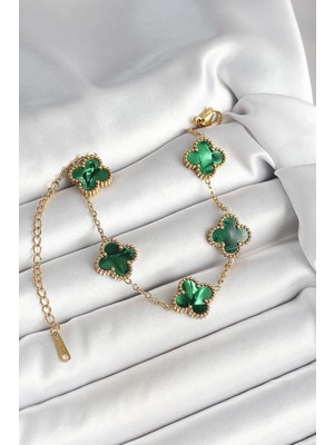 Inure Jewelry 316L Çelik Sedefli Zümrüt Yeşil Gold Renk Yonca Kadın Bileklik