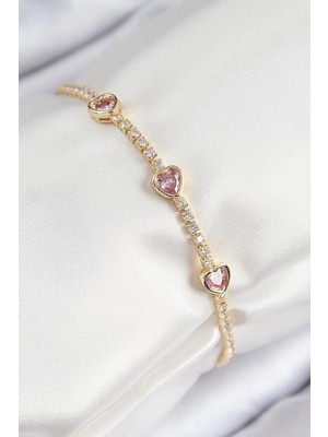 Inure Jewelry Pirinç Zirkon Taşlı Pembe Kalp Model Gold Renk Kadın Bileklik