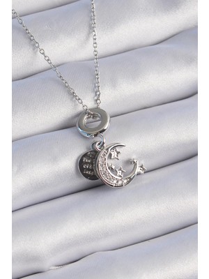Inure Jewelry 316L Çelik Gümüş Renk Zirkon Taşlı Ay Yıldız  Figür Charm Model Kadın Kolye