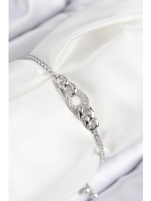 Inure Jewelry Pirinç Zirkon Taşlı Zincir Model Gümüş Renk Asansörlü Kadın Bileklik