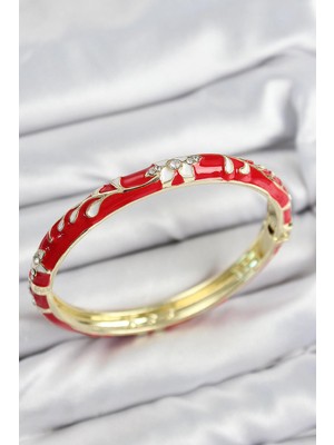 Inure Jewelry Mineli Pirinç Zirkon Taşlı Kırmızı Çiçek Motifli Gold Kadın Kelepçe