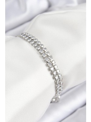 Inure Jewelry Pirinç Zirkon Taşlı Çift Sıra Model Gümüş Renk Asansörlü Kadın Bileklik
