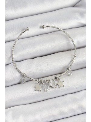 Inure Jewelry Pirinç Zirkon Taşlı Kelebek ve Yıldız Model Gümüş Renk Charm Bileklik