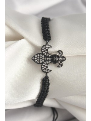 Inure Jewelry Pirinç Siyah Renk Zirkon Taşlı Zambak Figür Asansörlü Makrome Model Kadın Bileklik