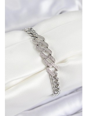 Inure Jewelry Pirinç Zirkon Taşlı Ezme Küba Zincir Model Gümüş Renk Kadın Bileklik