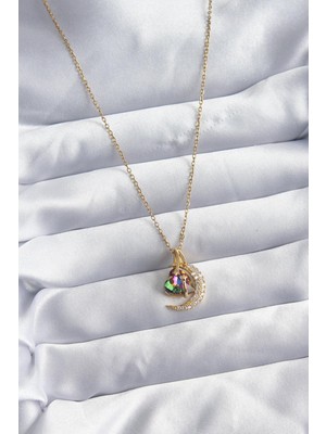 Inure Jewelry 316L Çelik Zincir Gold Renk Zirkon Taşlı Hilal Kristal Kalp Model Kadın Kolye
