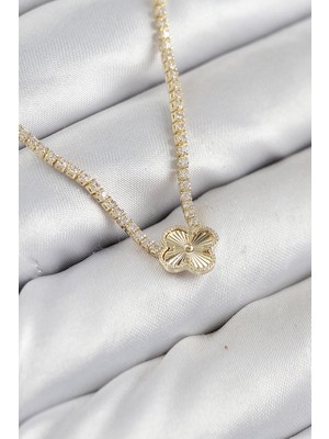 Inure Jewelry Pirinç Zirkon Taşlı Yonca Model Gold Renk Kadın Kolye