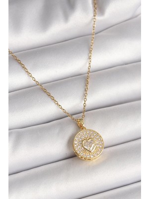 Inure Jewelry 316L Çelik Gold Renk Zincir Madalyon Zirkon Taşlı Kalp Model Kadın Kolye