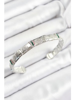 Inure Jewelry Pirinç Karışık Zirkon Taşlı Çiçek Model Gümüş Renk Altı Açık Kadın Bileklik