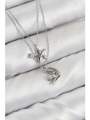Inure Jewelry Pirinç Zirkon Taşlı Yıldız ve Ay Model Gümüş Renk Kadın Kolye