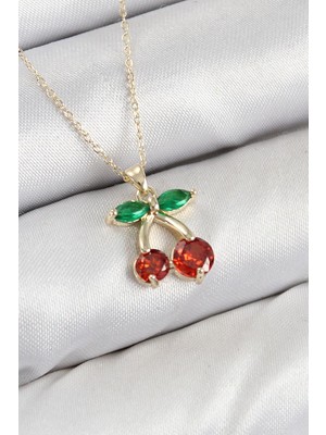 Inure Jewelry Pirinç Zirkon Taşlı Kiraz Model Gold Renk Kadın Kolye