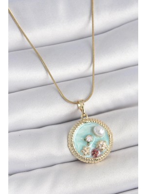 Inure Jewelry 316L Çelik Gold Renk Zincir Mavi Mineli Inci Çiçek Işlemeli Zirkon Taş Detaylı Madalyon Model Kadın Kolye